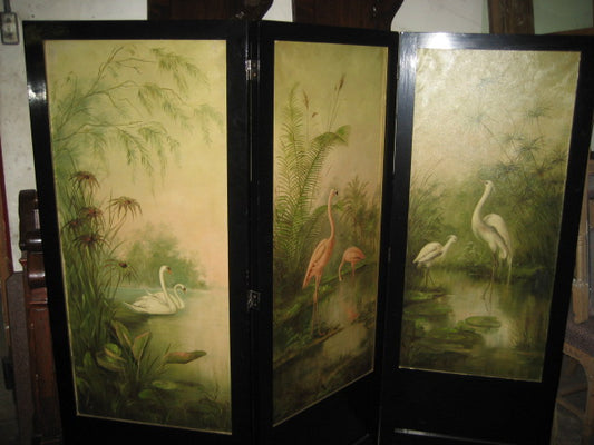ANTIQUE TRIPLE PANEL FOLDING PAINTED SCREEN WITH BIRDS