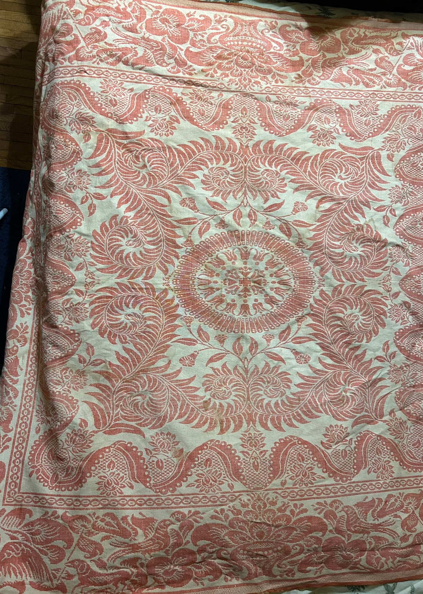 TENNESSEE MID 1800'S RARE ANTIQUE COVERLET WITH DOGS, EAGLES, BIRDS, FLAGS.