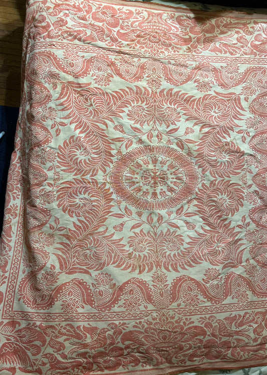 TENNESSEE MID 1800'S RARE ANTIQUE COVERLET WITH DOGS, EAGLES, BIRDS, FLAGS.