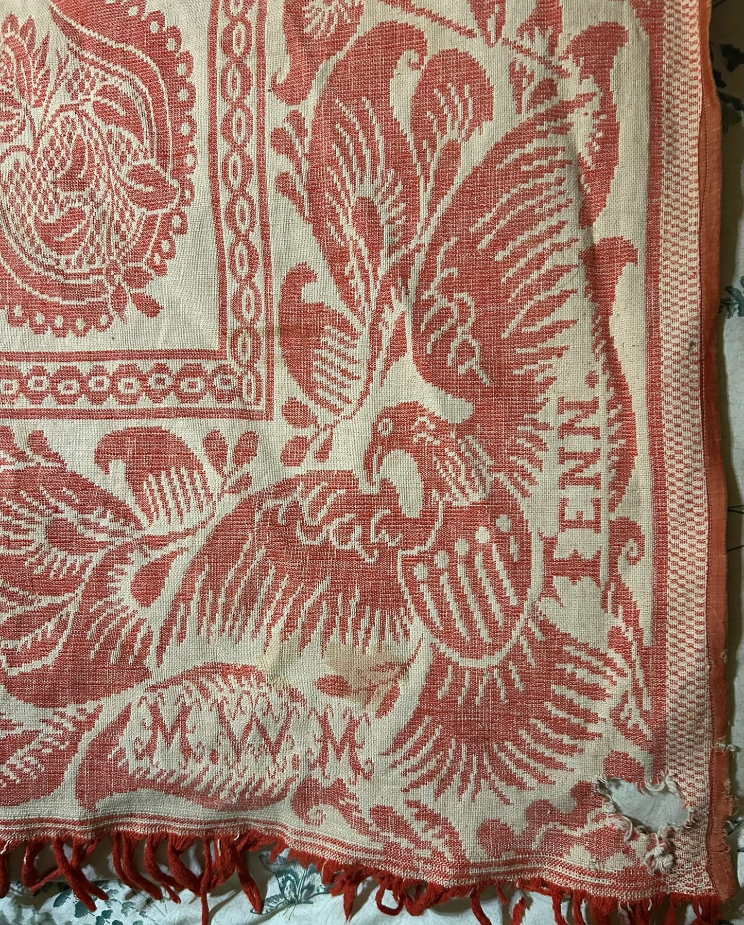 TENNESSEE MID 1800'S RARE ANTIQUE COVERLET WITH DOGS, EAGLES, BIRDS, FLAGS.