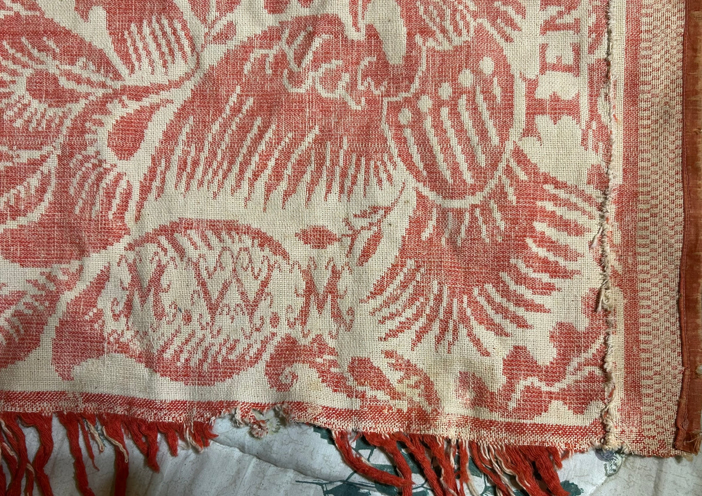 TENNESSEE MID 1800'S RARE ANTIQUE COVERLET WITH DOGS, EAGLES, BIRDS, FLAGS.