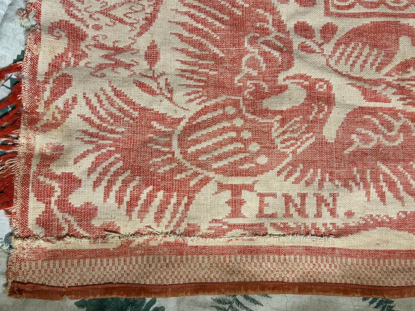 TENNESSEE MID 1800'S RARE ANTIQUE COVERLET WITH DOGS, EAGLES, BIRDS, FLAGS.
