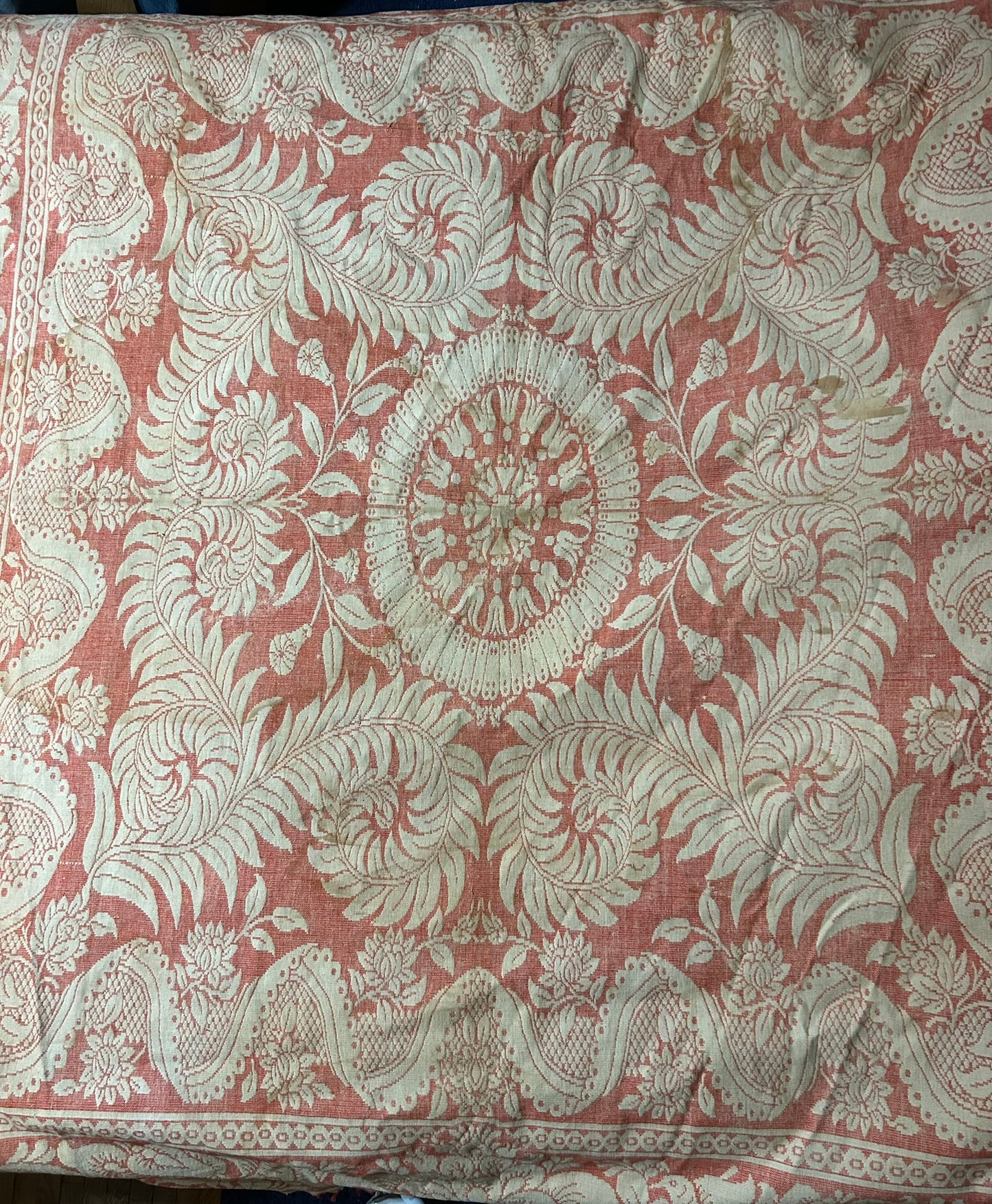 TENNESSEE MID 1800'S RARE ANTIQUE COVERLET WITH DOGS, EAGLES, BIRDS, FLAGS.