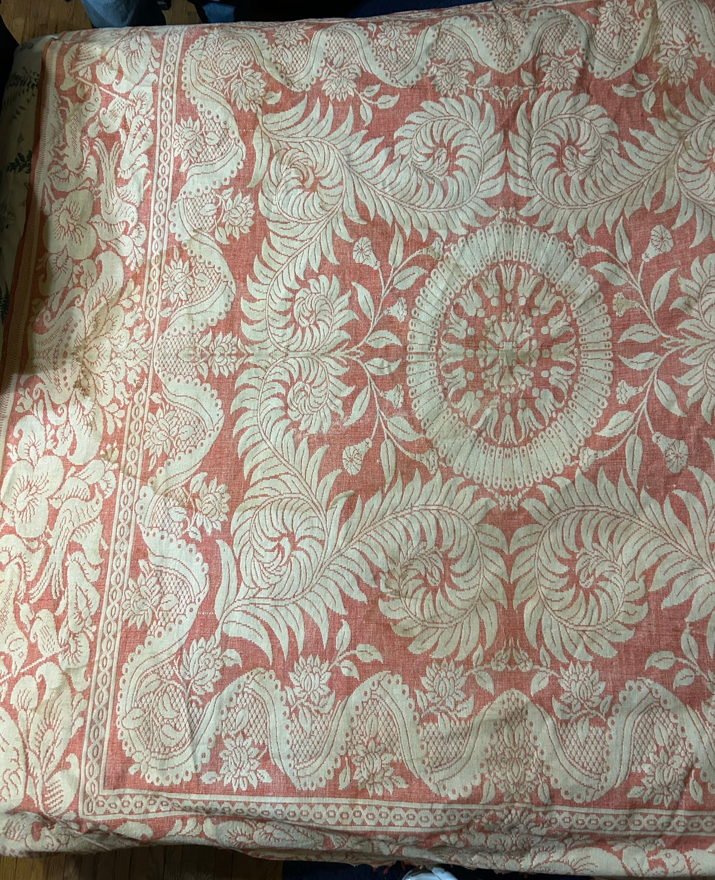 TENNESSEE MID 1800'S RARE ANTIQUE COVERLET WITH DOGS, EAGLES, BIRDS, FLAGS.