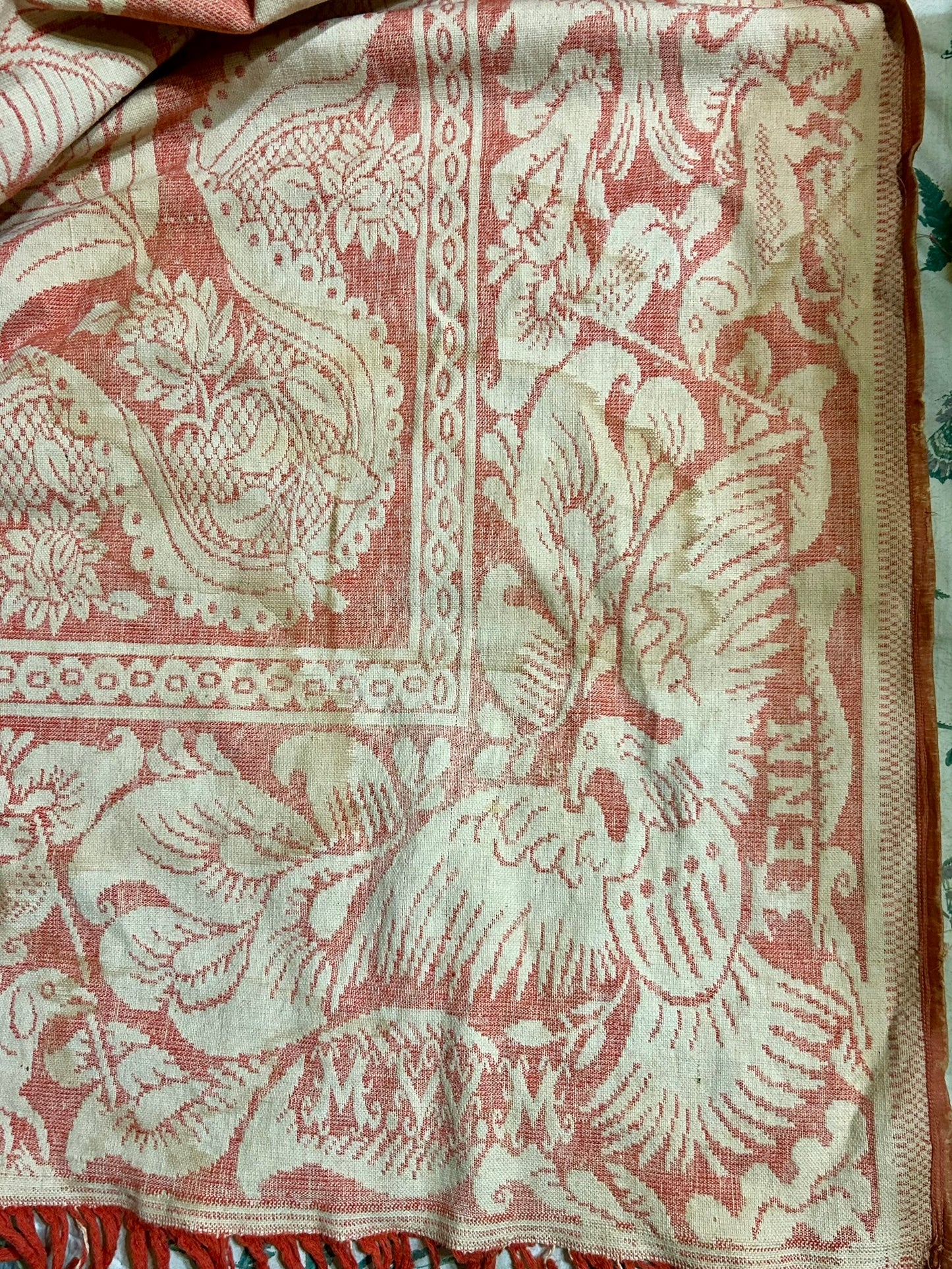 TENNESSEE MID 1800'S RARE ANTIQUE COVERLET WITH DOGS, EAGLES, BIRDS, FLAGS.