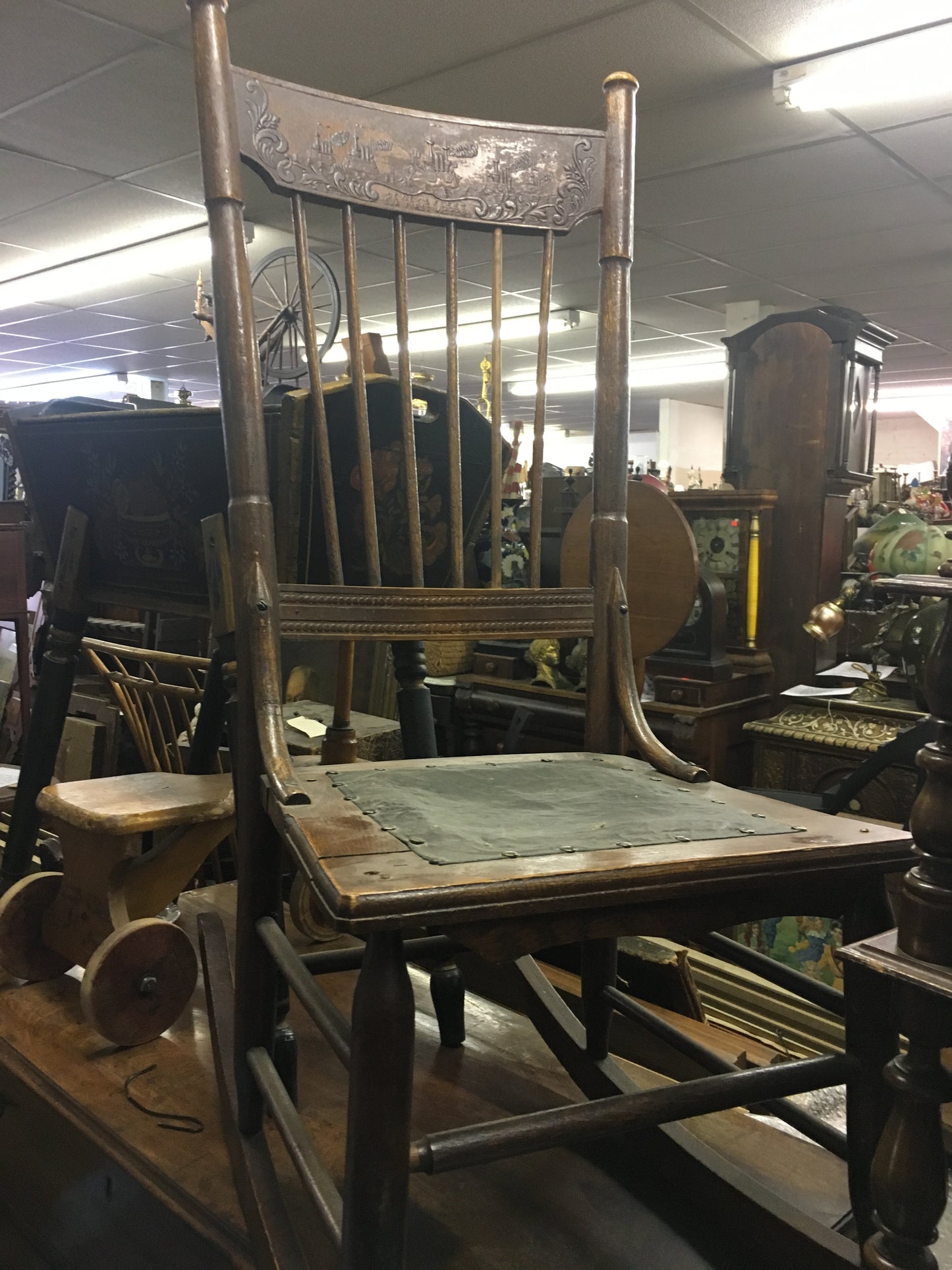 SPANISH AMERICAN WAR COMMEMORATIVE ROCKING CHAIR WITH SCENE OF DEWEY'S FLEET