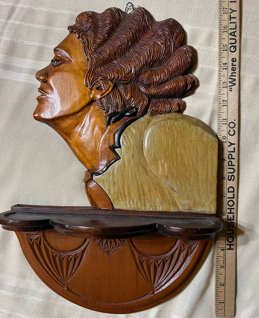 FOLK ART CARVED WOMANS HEAD SHELF DATED 1933