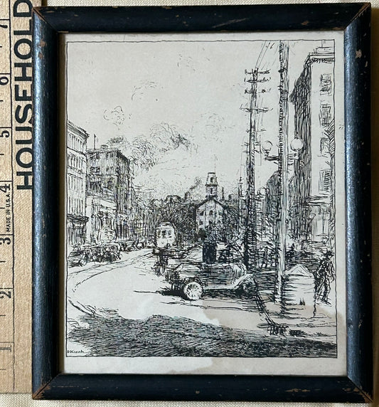 NEBRASKA ARTIST DWIGHT KIRSCH PEN AND INK DRAWING OF DOWNTOWN SCENE