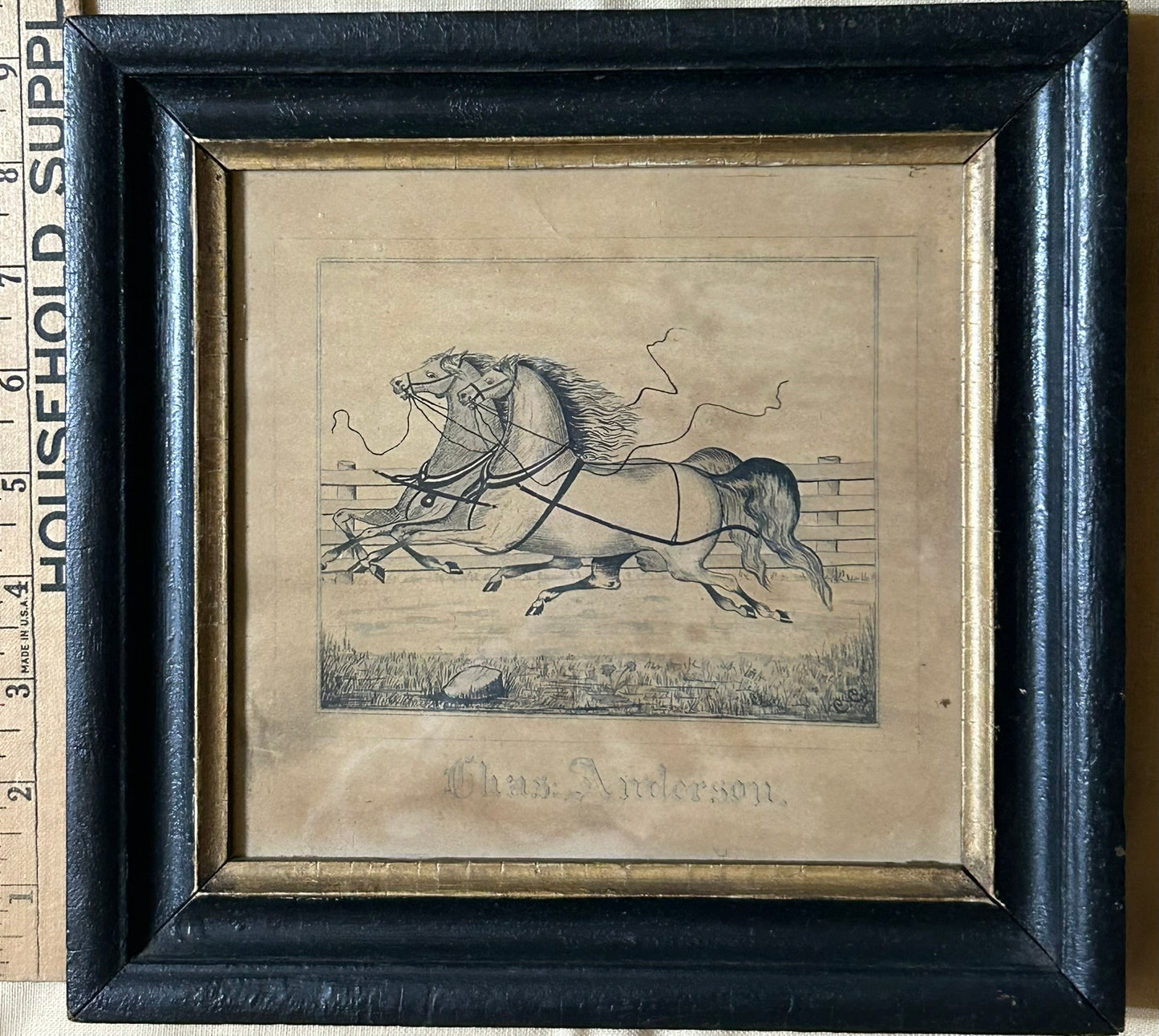 FOLK ART ANTIQUE 18OO'S PEN AND INK DRAWING OF PAIR OF RACING HORSES