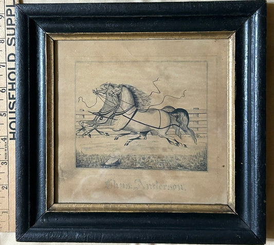 FOLK ART ANTIQUE 18OO'S PEN AND INK DRAWING OF PAIR OF RACING HORSES