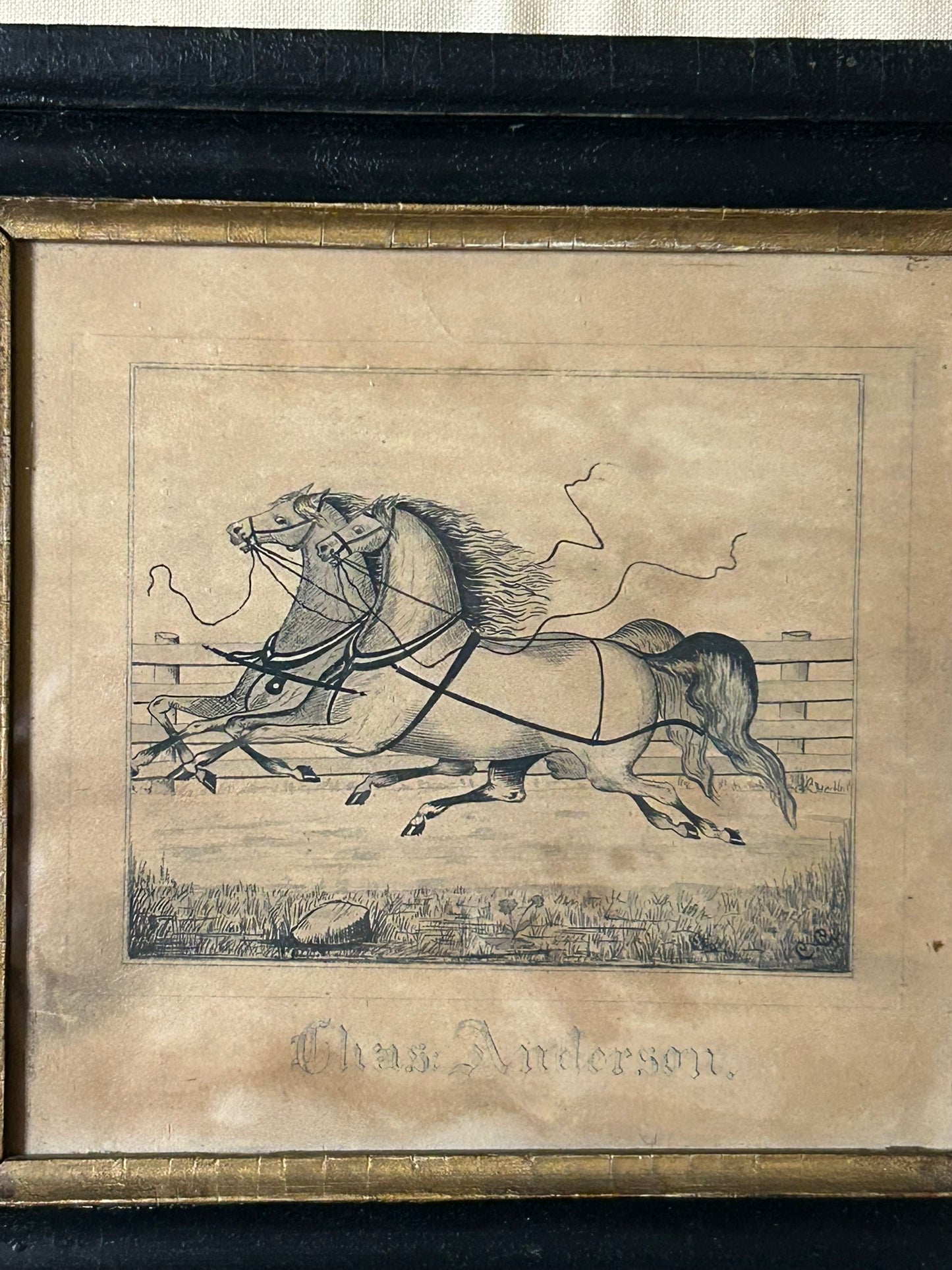 FOLK ART ANTIQUE 18OO'S PEN AND INK DRAWING OF PAIR OF RACING HORSES