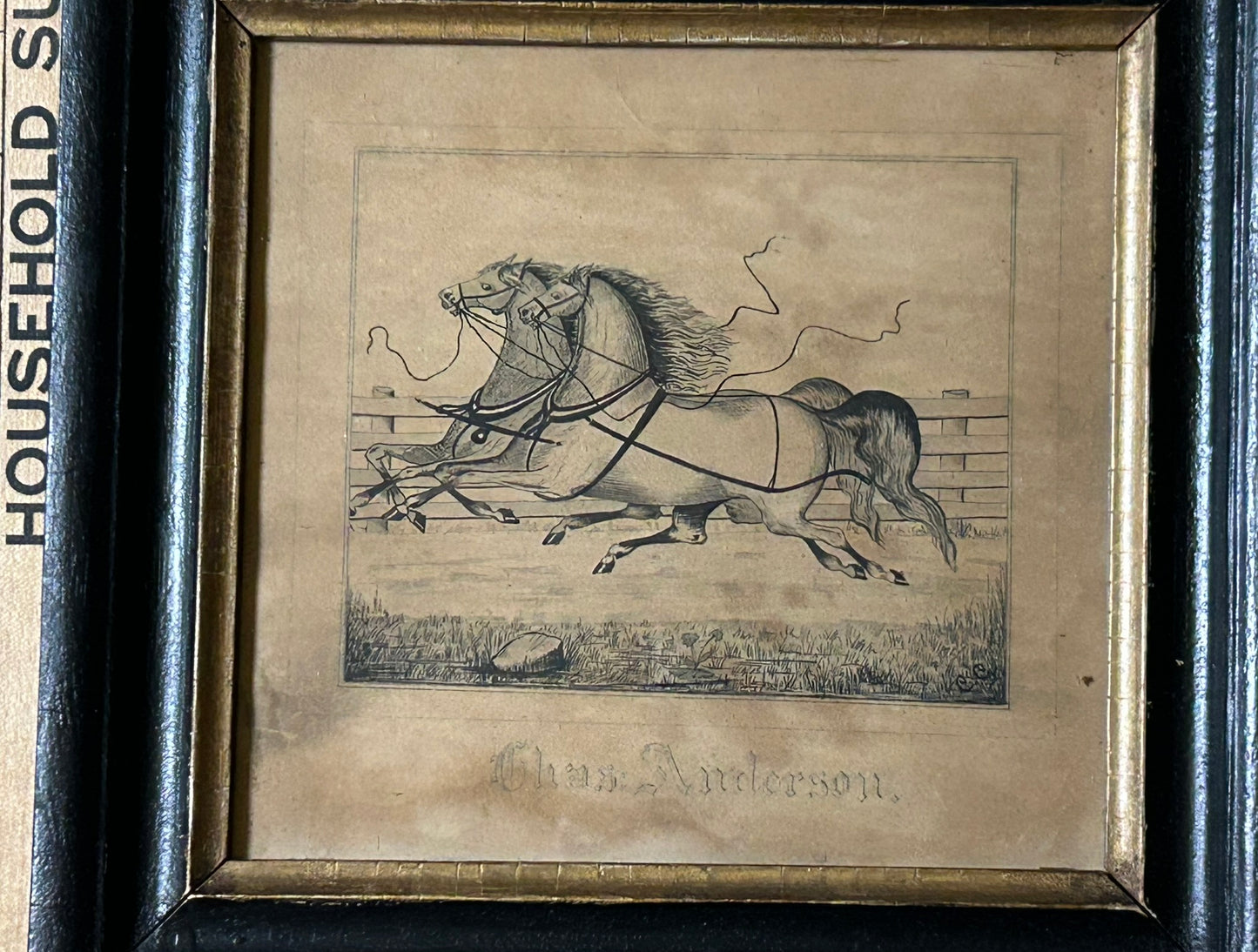 FOLK ART ANTIQUE 18OO'S PEN AND INK DRAWING OF PAIR OF RACING HORSES