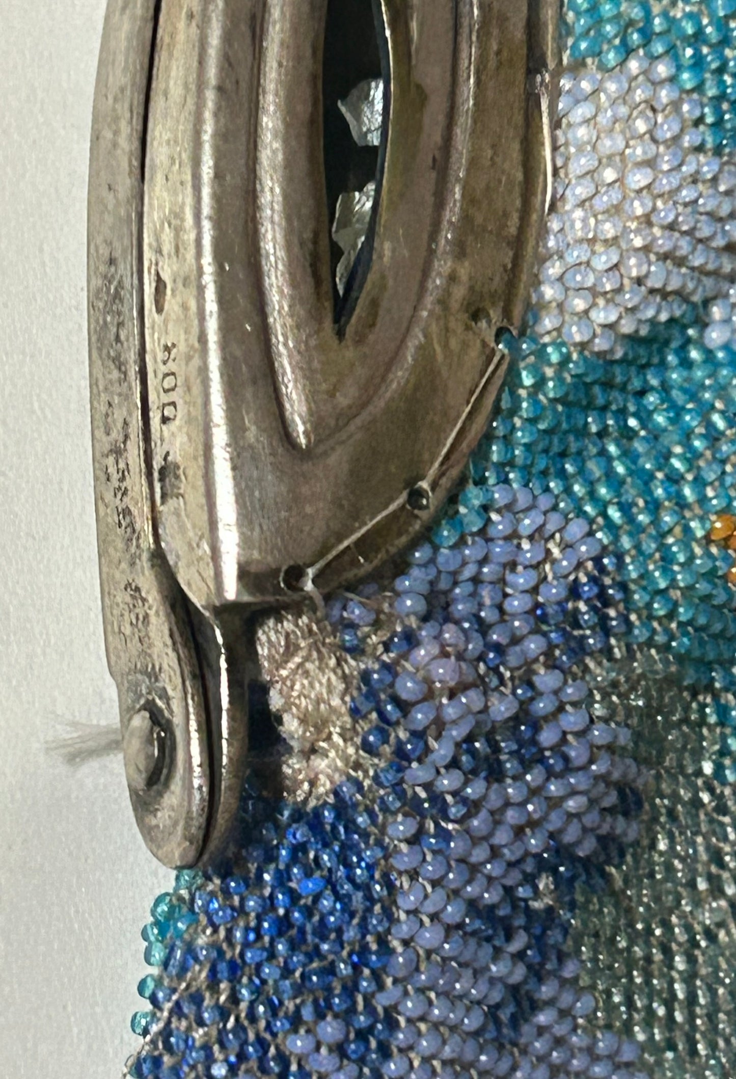 BEADED ANTIQUE LARGE PURSE WITH FIGURES AND SILVER FIGURAL FRAME