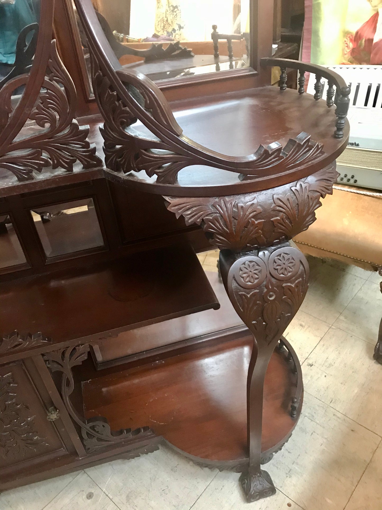 FANCY CARVED ANTIQUE ETAGERE