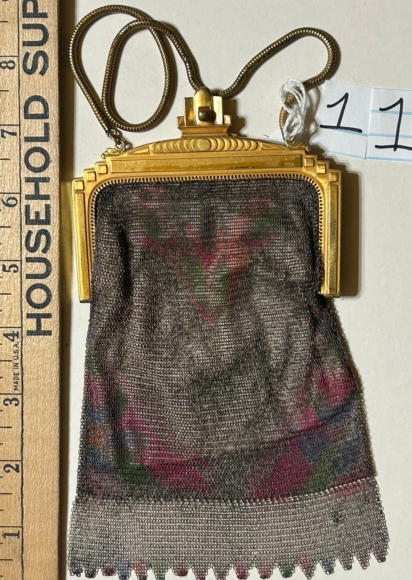 ANTIQUE WHITING AND DAVIS FINE MESH ENAMELED PURSE WITH DECO FRAME