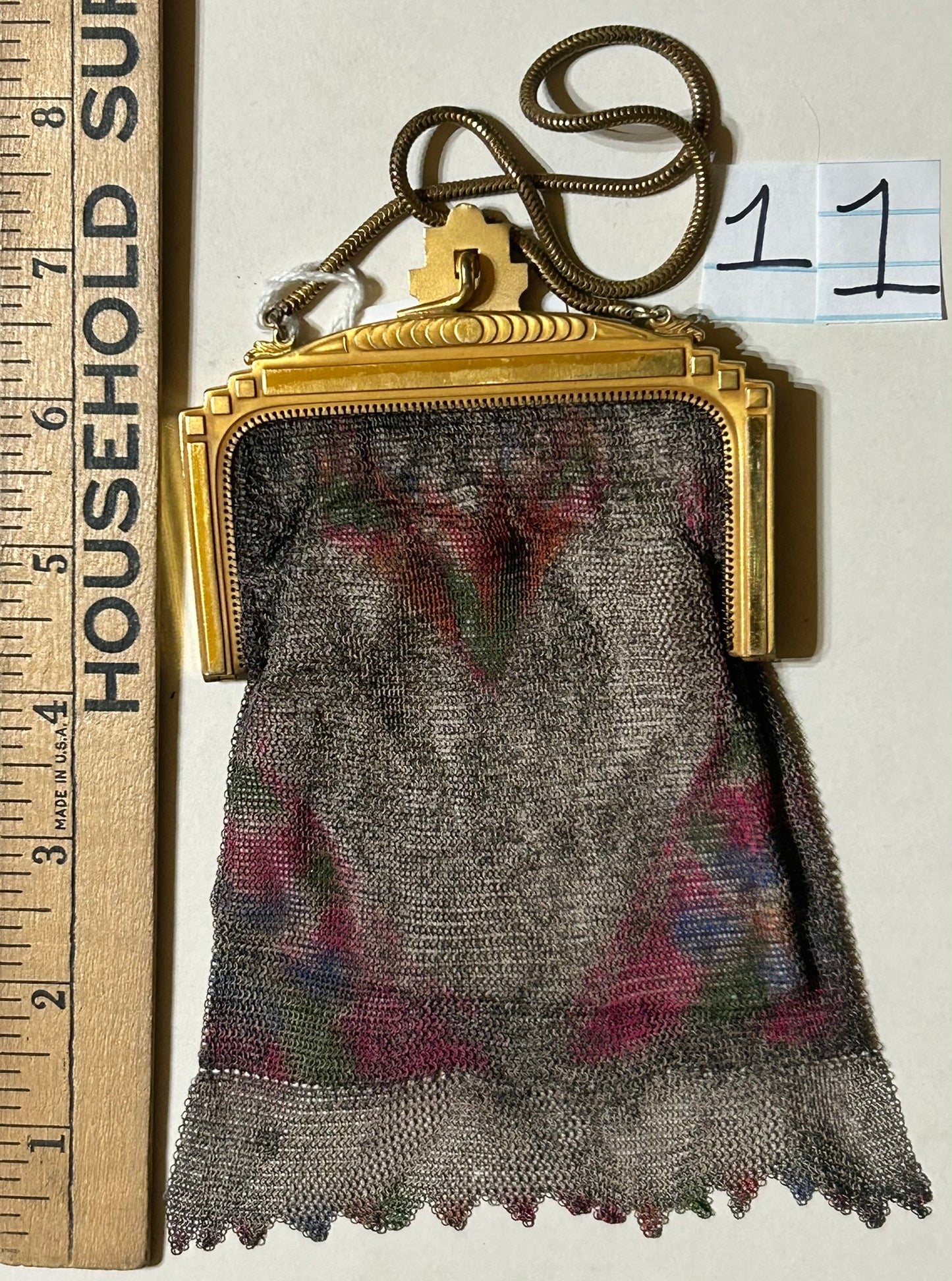 ANTIQUE WHITING AND DAVIS FINE MESH ENAMELED PURSE WITH DECO FRAME