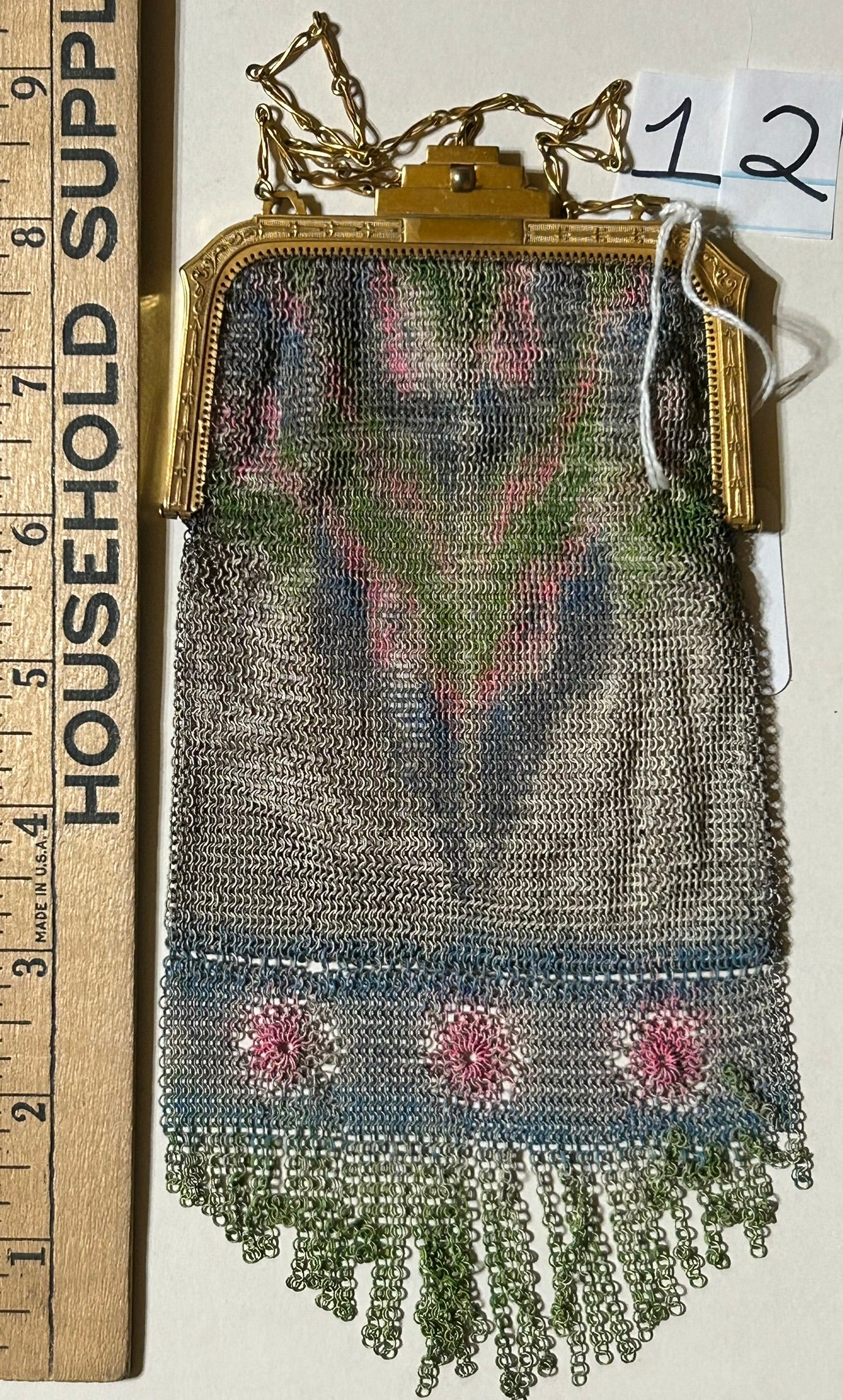 ANTIQUE WHITING AND DAVIS MESH PURSE WITH PINK FLOWERS AND DECO GOLD FRAME