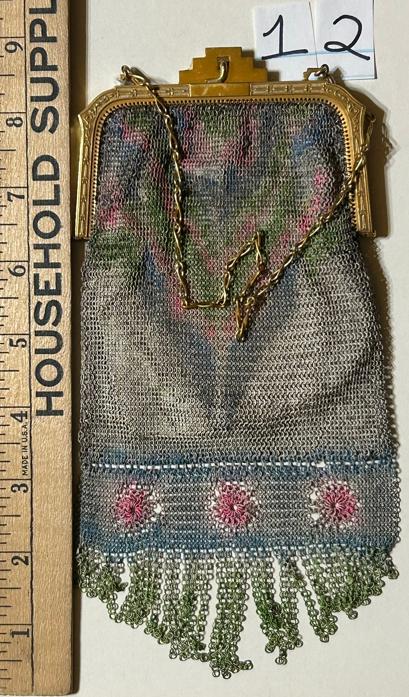ANTIQUE WHITING AND DAVIS MESH PURSE WITH PINK FLOWERS AND DECO GOLD FRAME