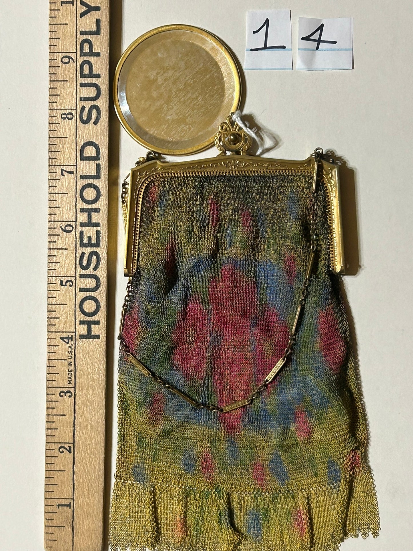 ANTIQUE MESH PURSE WITH RED FLORALS AND ORIGINAL MIRROR