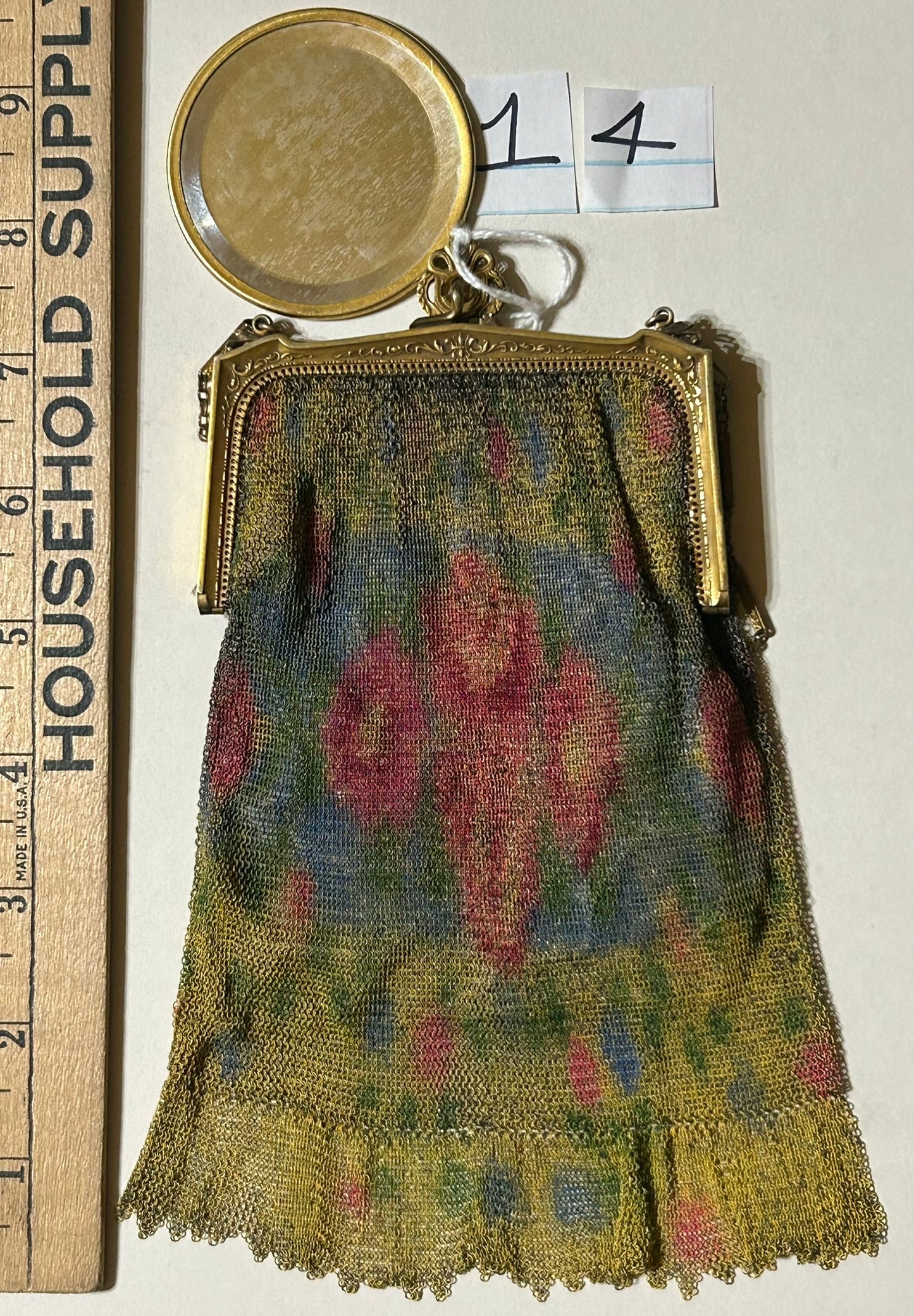 ANTIQUE MESH PURSE WITH RED FLORALS AND ORIGINAL MIRROR