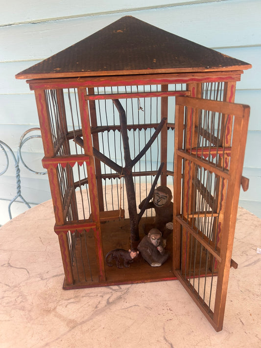 FOLK ART ANTIQUE PAINT DECORATED MONKEY CAGE