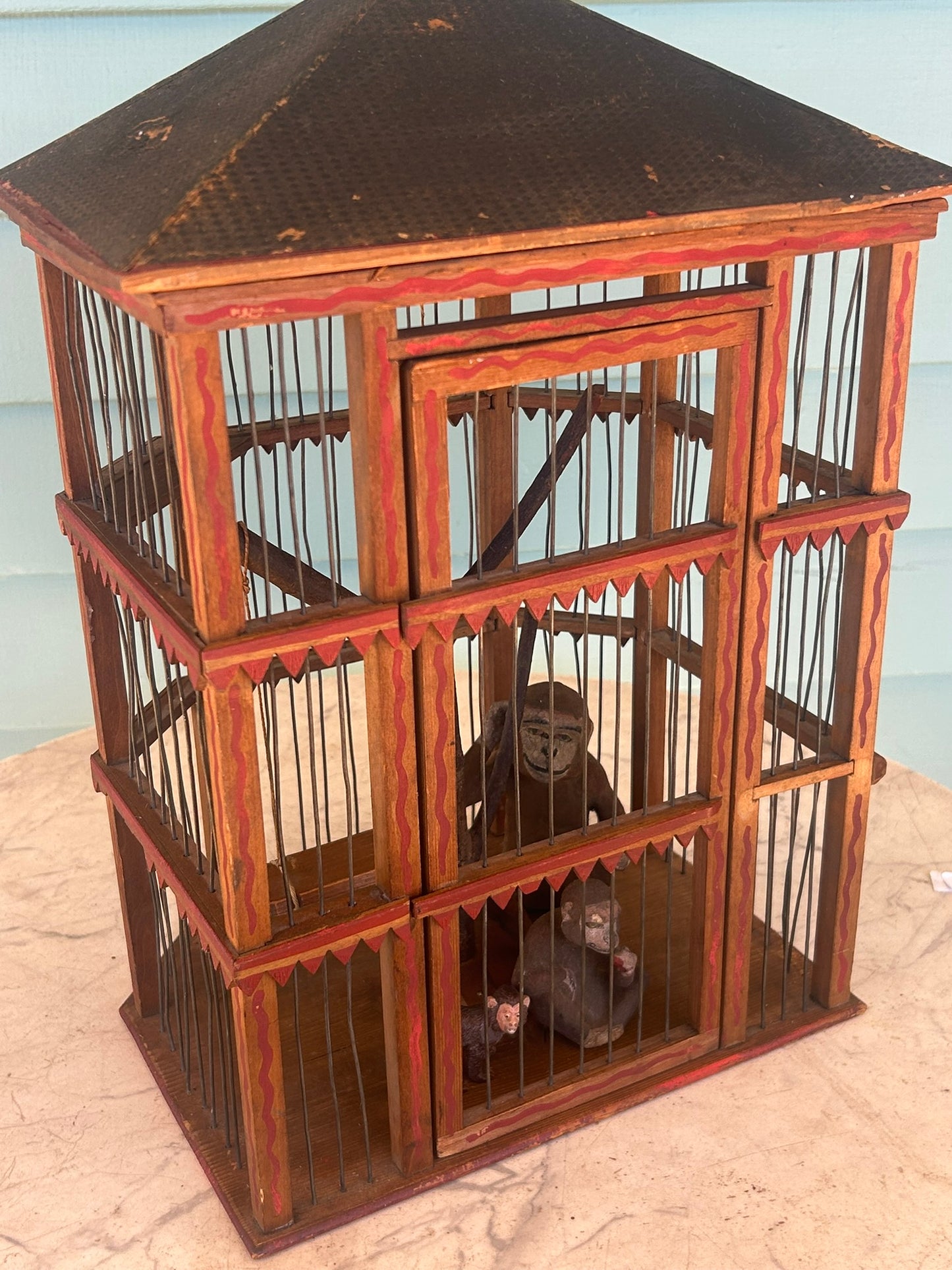 FOLK ART ANTIQUE PAINT DECORATED MONKEY CAGE