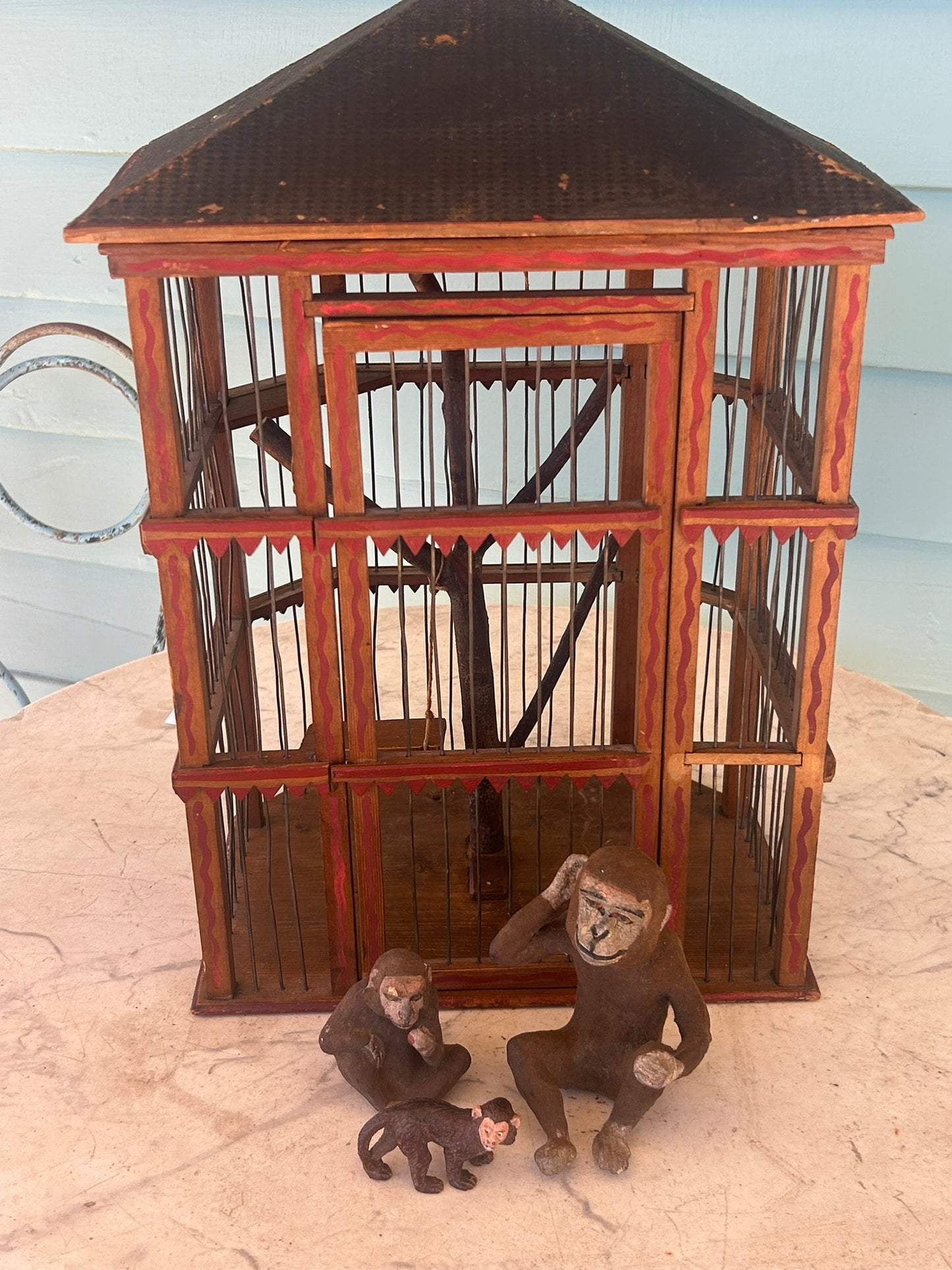 FOLK ART ANTIQUE PAINT DECORATED MONKEY CAGE