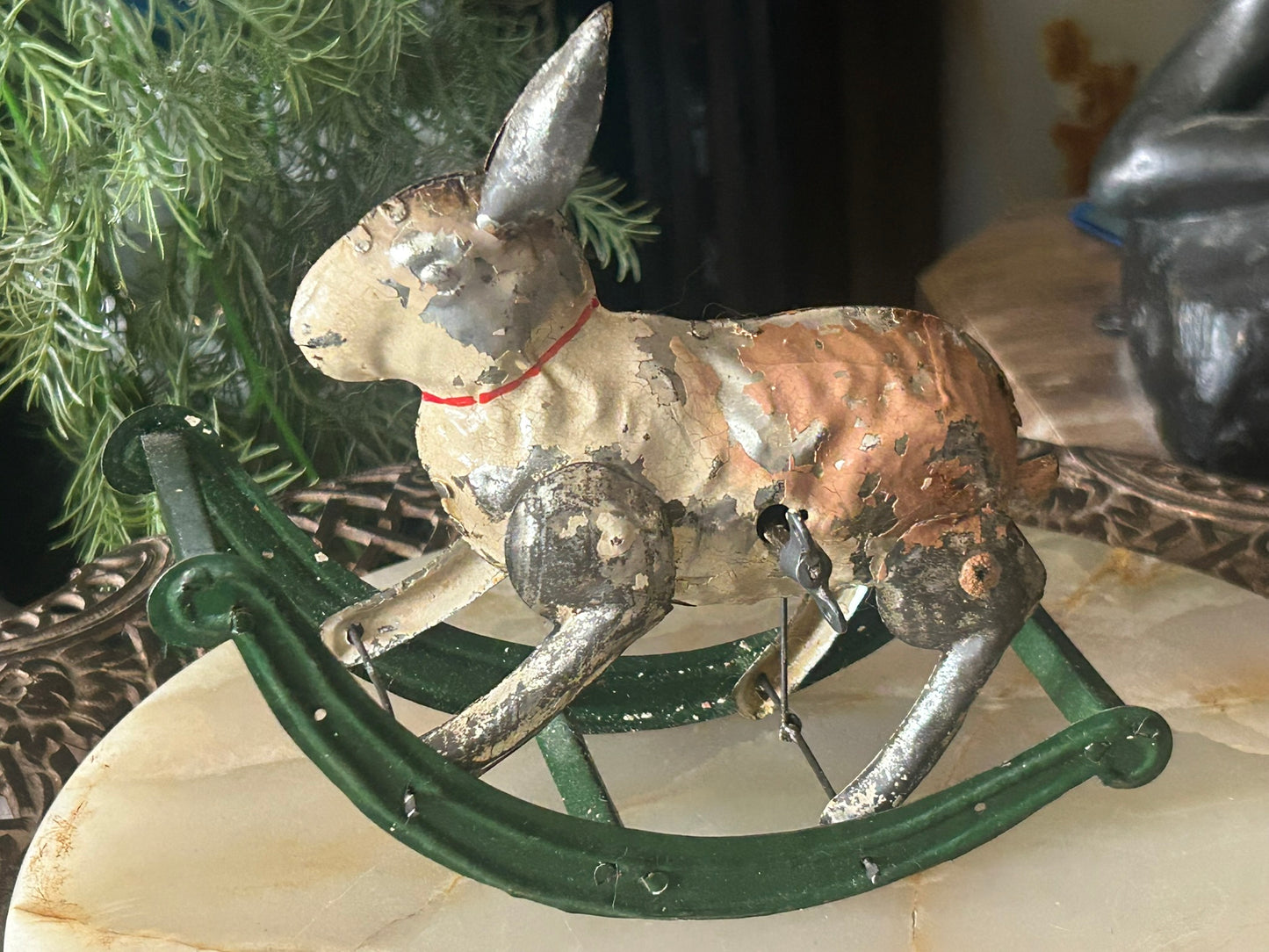 ANTIQUE TIN WIND UP ROCKING RABBIT TOY