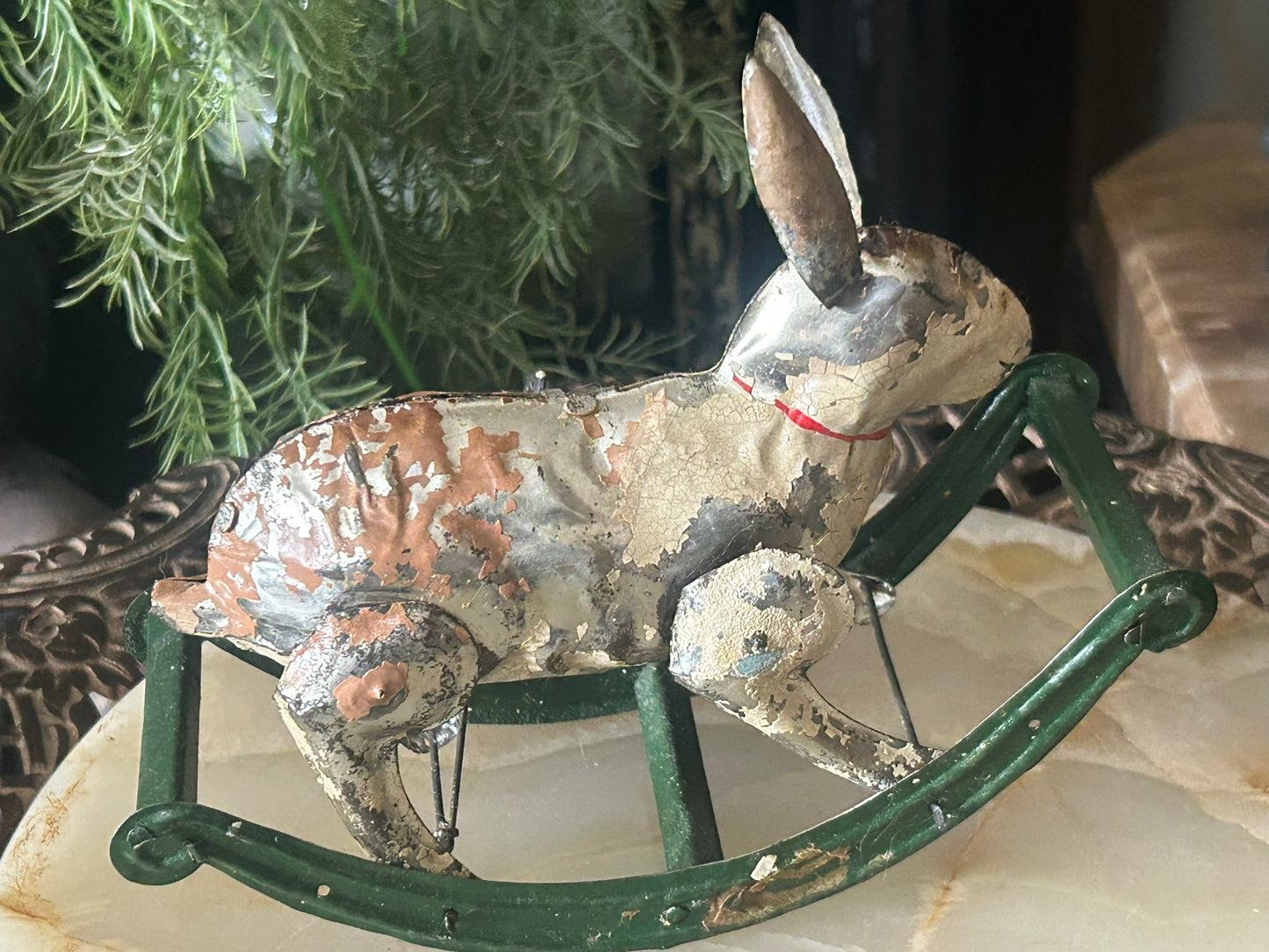 ANTIQUE TIN WIND UP ROCKING RABBIT TOY