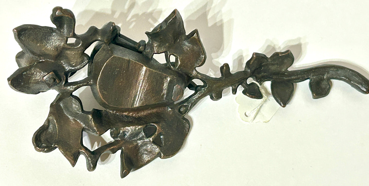 IRON ANTIQUE CANDLE AND MATCH HOLDER WITH FIGURAL PEAR AND LEAVES DESIGN