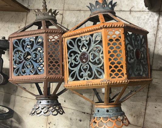 ANTIQUE EXTERIOR WALL PAIR OF LANTERNS FROM HISTORIC K.C. COUNTRY CLUB PLAZA