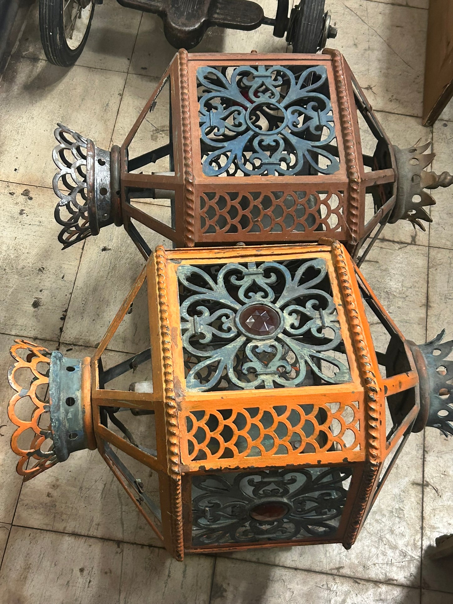 ANTIQUE EXTERIOR WALL PAIR OF LANTERNS FROM HISTORIC K.C. COUNTRY CLUB PLAZA