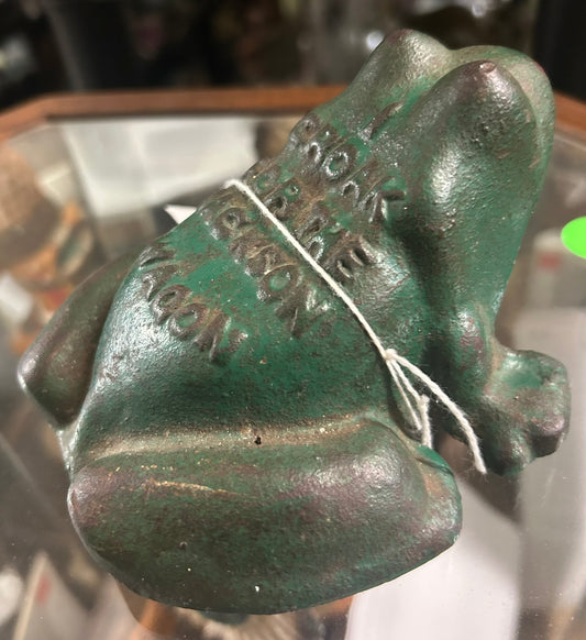 I CROAK FOR THE JACKSON WAGON CAST IRON ADVERTISING FROG DOOR STOP