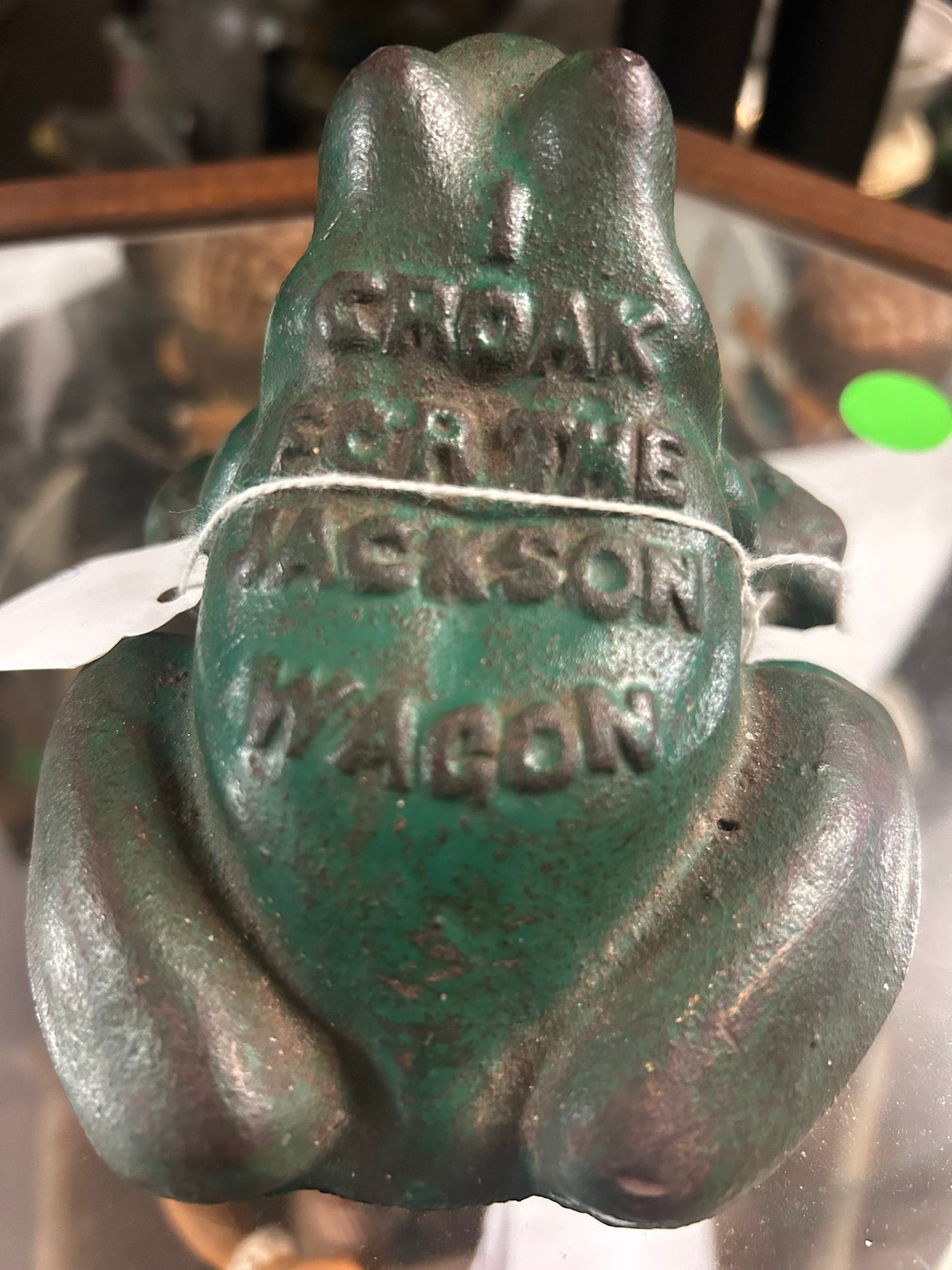 I CROAK FOR THE JACKSON WAGON CAST IRON ADVERTISING FROG DOOR STOP