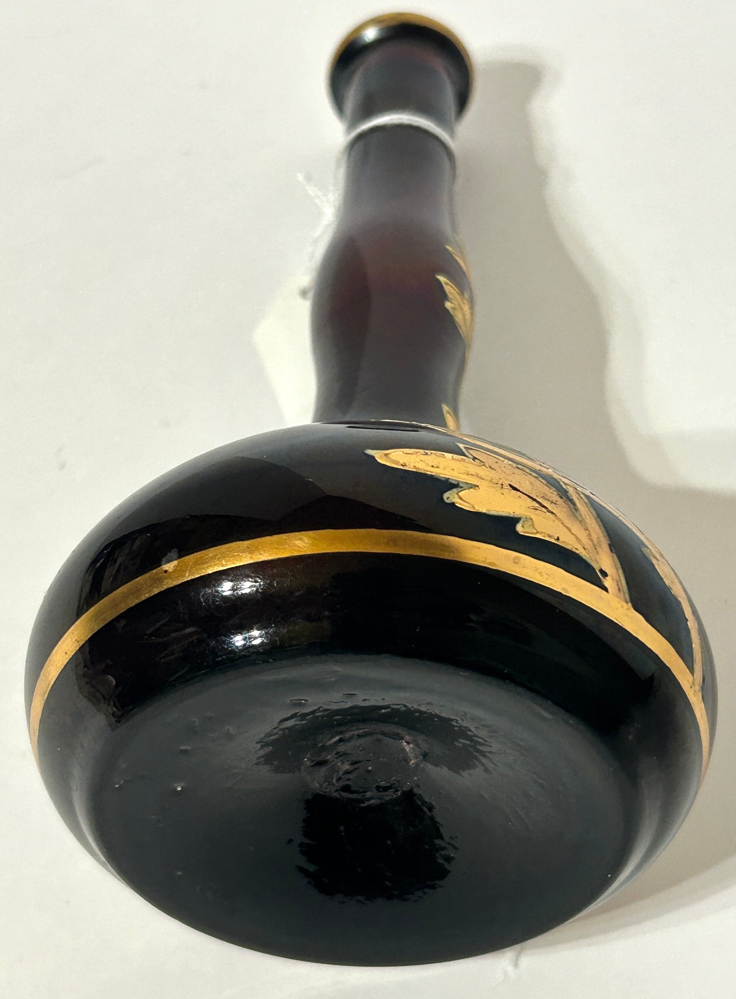 ANTIQUE BARBER BOTTLE DARK PURPLE WITH GILT DESIGN