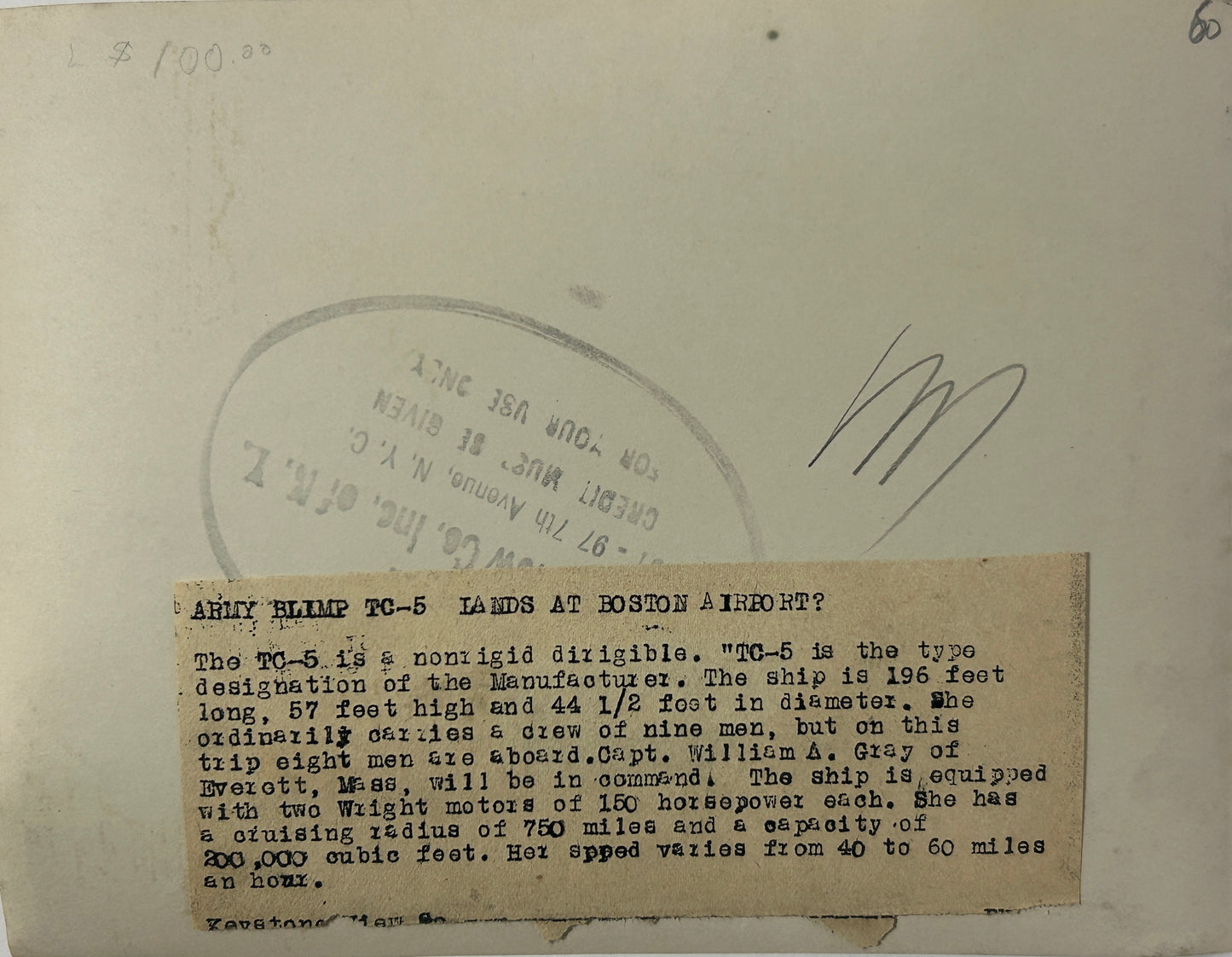 PHOTO OF ARMY 1930'S TC-5 BLIMP WITH INFO ON BACK