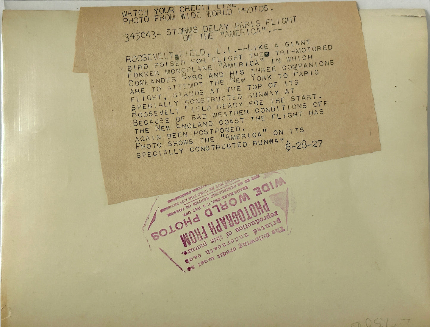 1927 PHOTOGRAPH OF COMMANDER BYRDS "AMERICA" LARGE PLANE