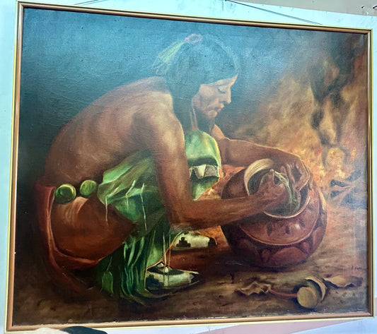 NATIVE AMERICAN WITH POTTERY VESSEL 1920'S PAINTING