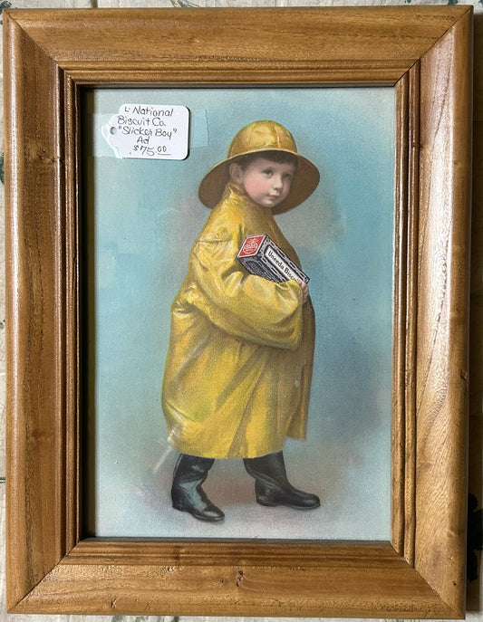 NATIONAL BISCUIT COMPANY SLICKER BOY ANTIQUE ADVERTISEMENT IN FRAME