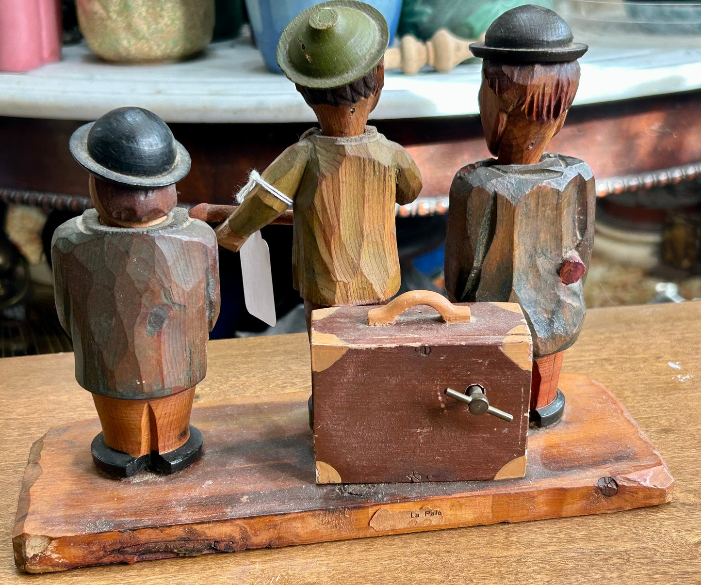 CARVED WOODEN FIGURAL BOTTLE OPENER, CORK SCREW AND BOTTLE STOPPER