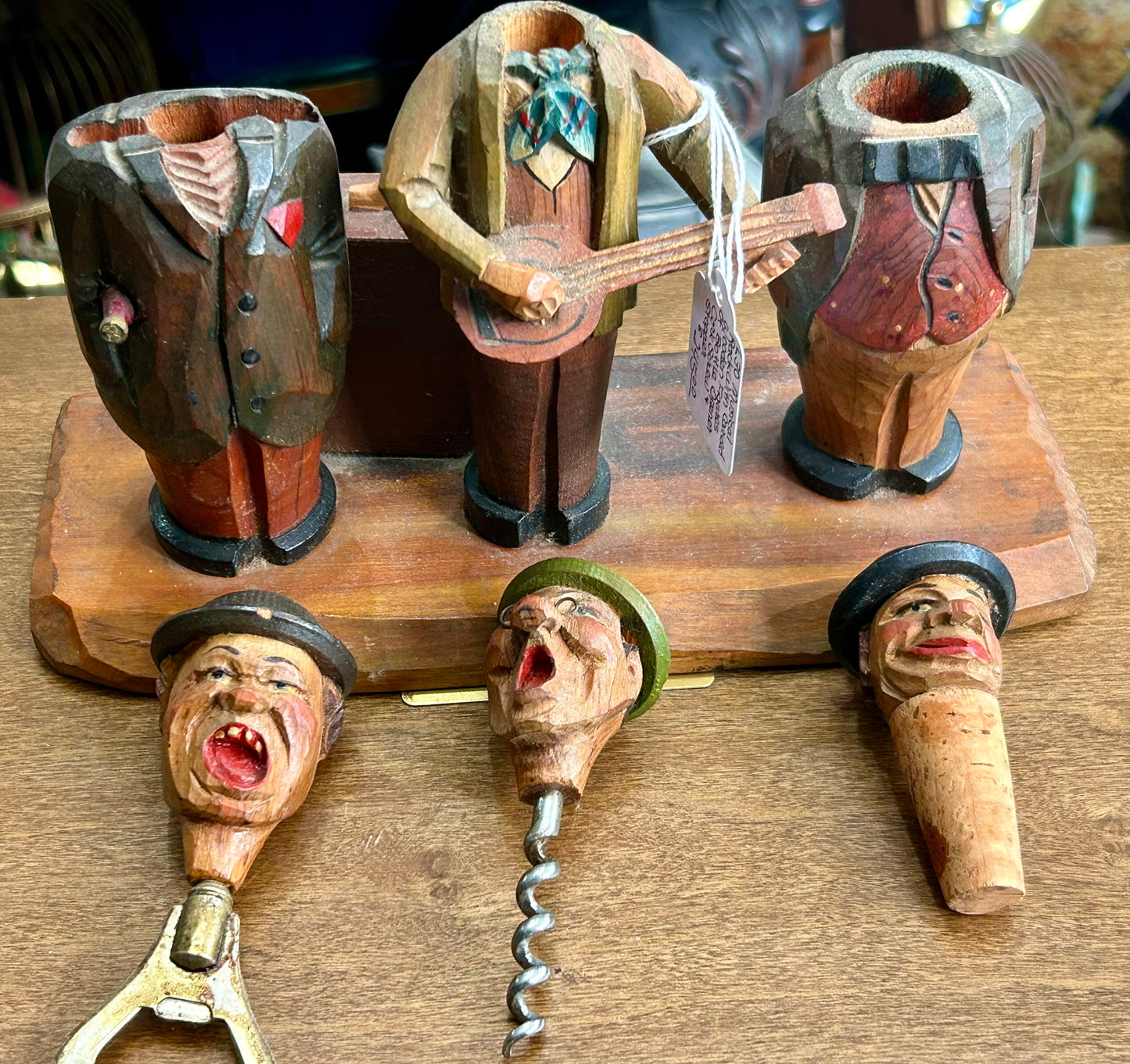 CARVED WOODEN FIGURAL BOTTLE OPENER, CORK SCREW AND BOTTLE STOPPER