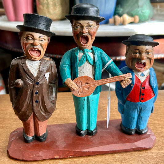 CARVED WOODEN FIGURES OF CORK SCREW, BOTTLE OPENER AND BOTTLE STOPPER