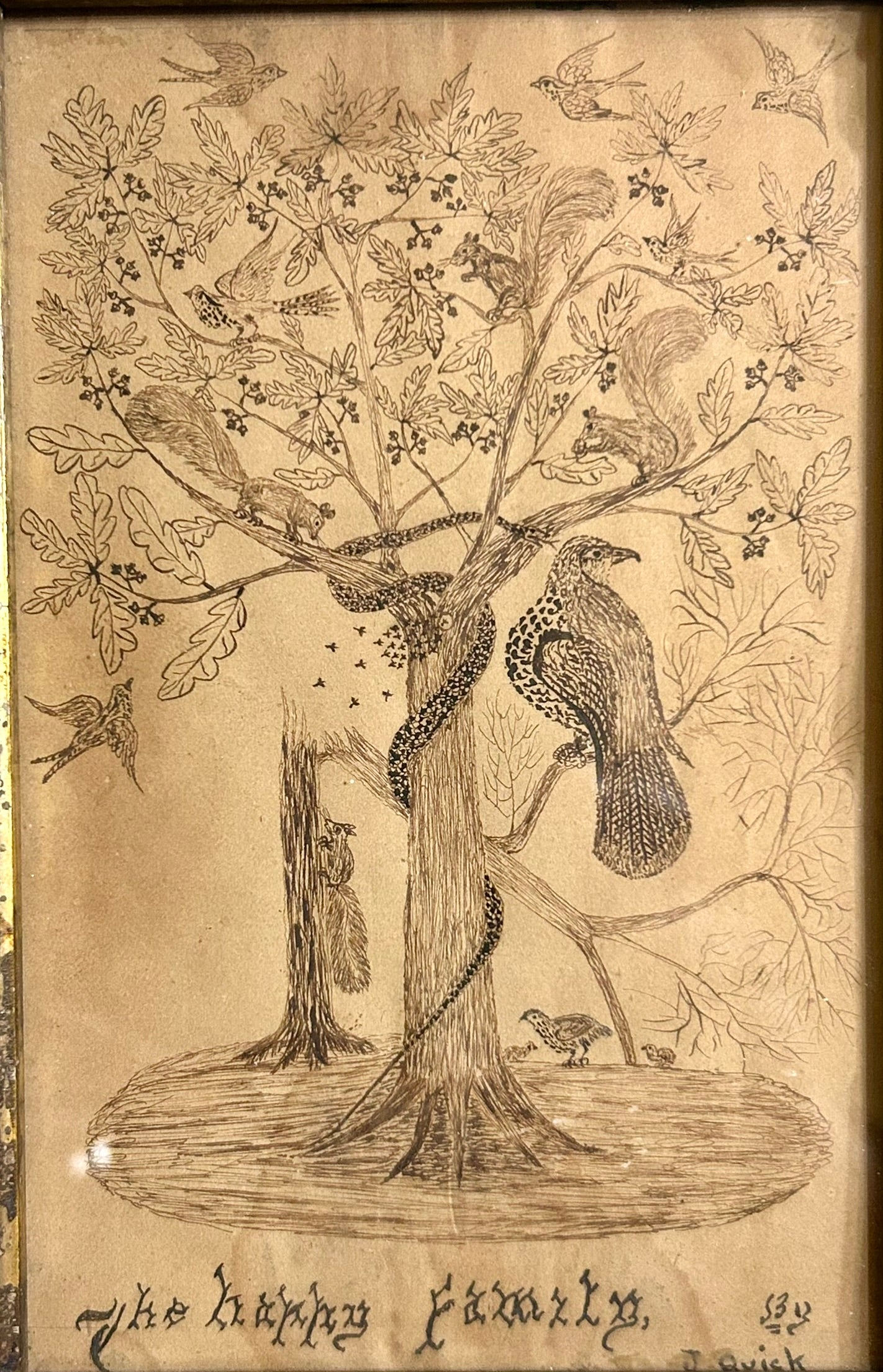 ANTIQUE FOLK ART PEN AND INK DRAWING OF TREE WITH BIRDS, SQUIRRELS, AND SNAKE