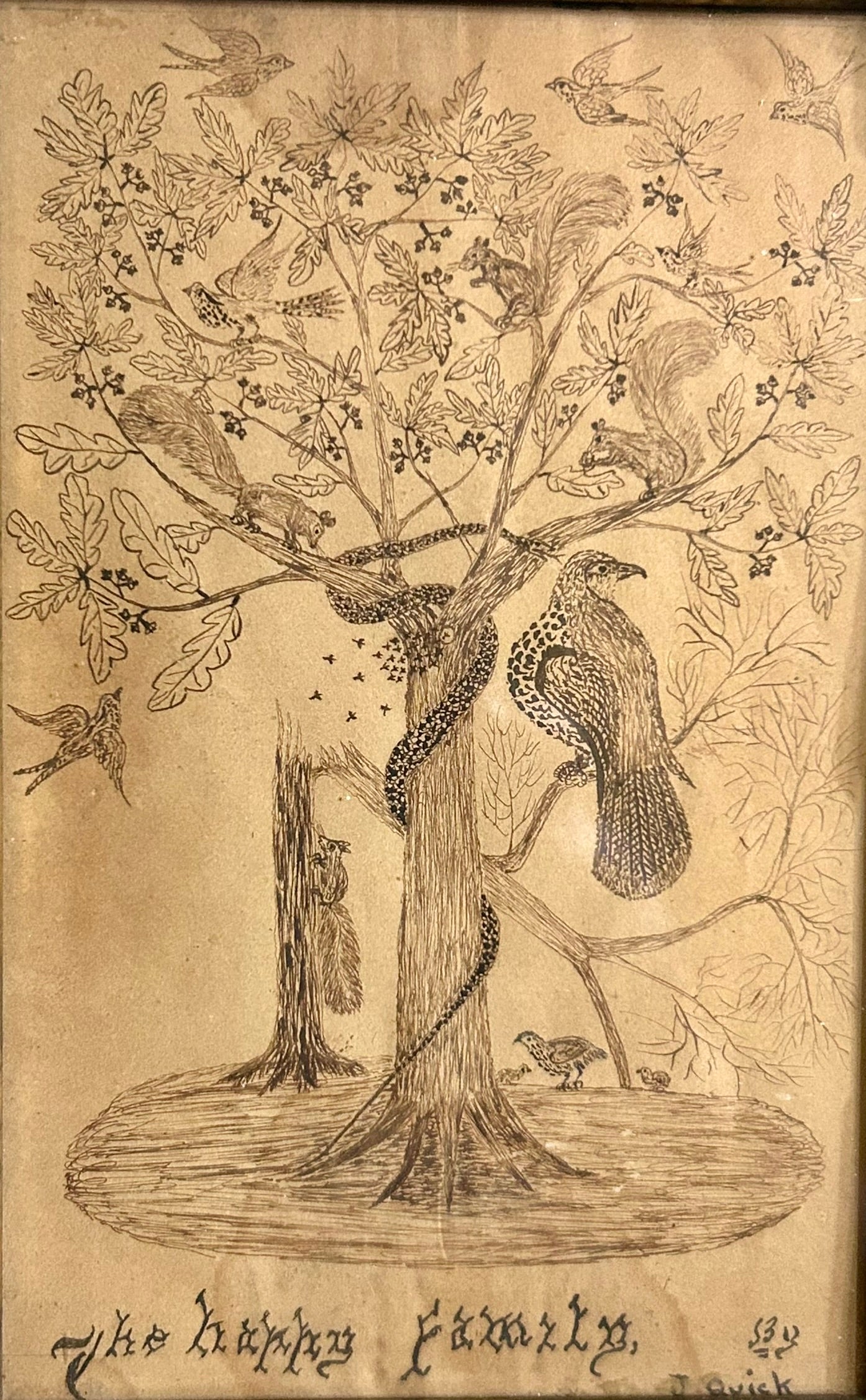ANTIQUE FOLK ART PEN AND INK DRAWING OF TREE WITH BIRDS, SQUIRRELS, AND SNAKE