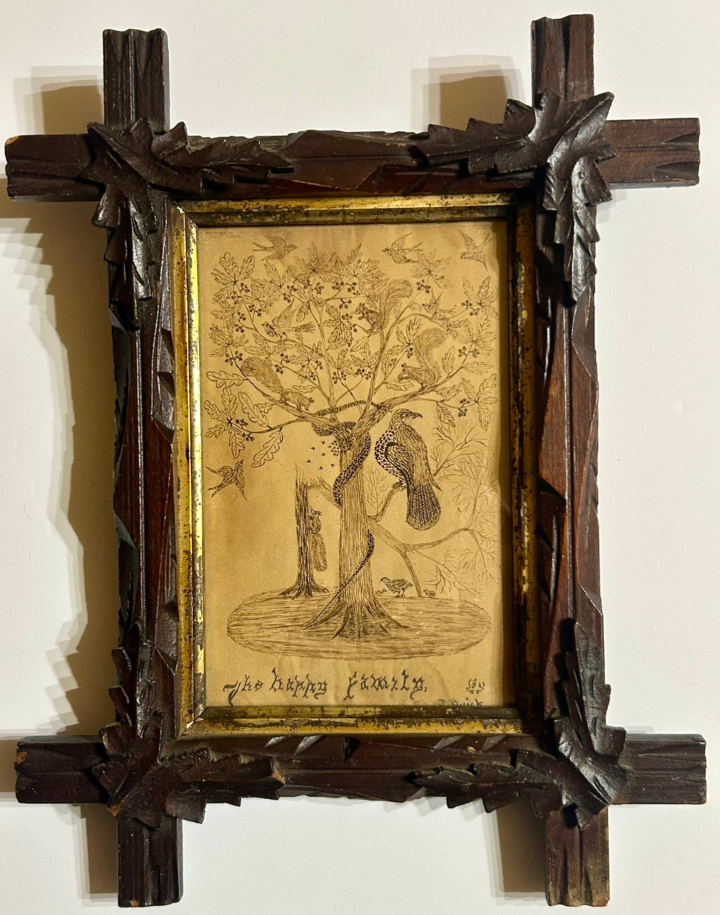 ANTIQUE FOLK ART PEN AND INK DRAWING OF TREE WITH BIRDS, SQUIRRELS, AND SNAKE