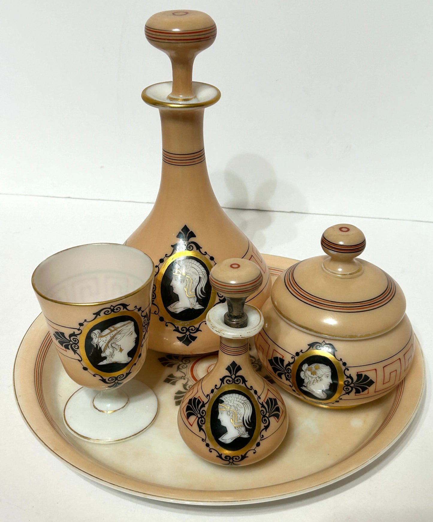 ANTIQUE OPAL GLASS DRESSER SET WITH CLASSICAL DESIGN