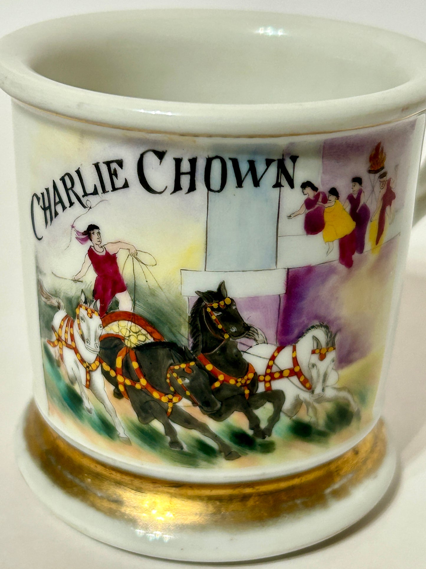 ANTIQUE OCCUPATIONAL SHAVING MUG WITH RARE HORSE DRAWN CHARIOT