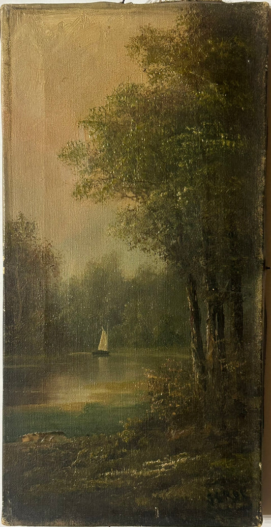 PAINTING OF LAKE AND BOAT BY JULIA STOHR 1895-1979 CALIFORNIA AND MINNESOTA