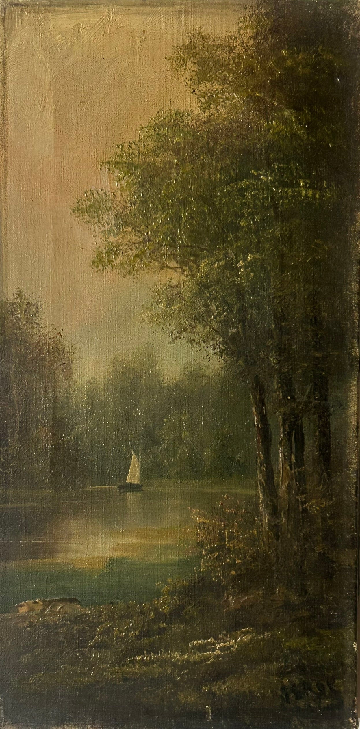 PAINTING OF LAKE AND BOAT BY JULIA STOHR 1895-1979 CALIFORNIA AND MINNESOTA