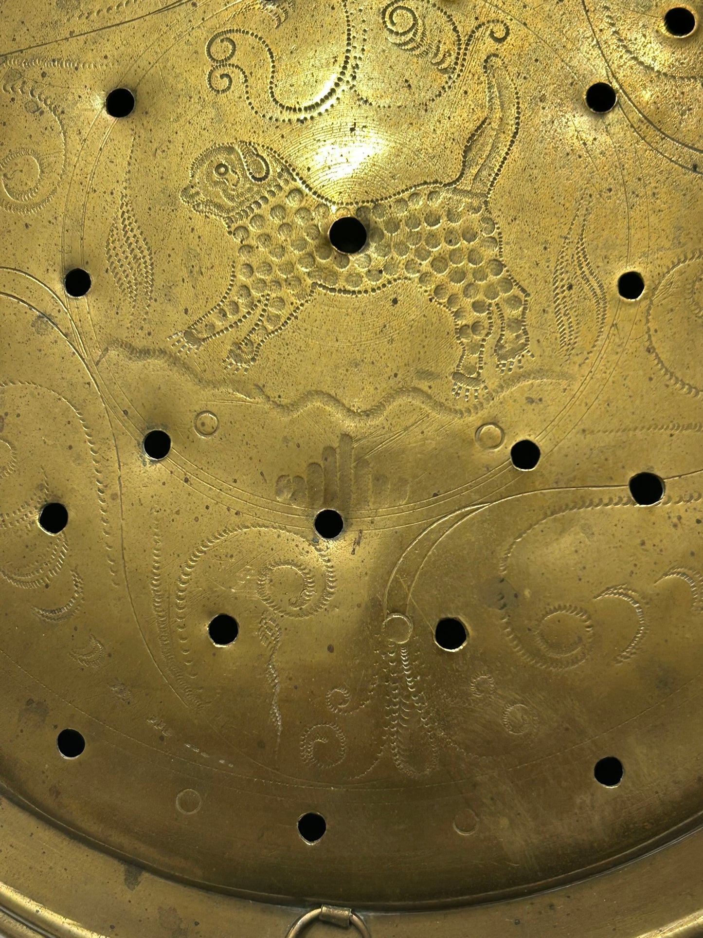 ANTIQUE BRASS FANCY ANIMAL DECORATED BED WARMER